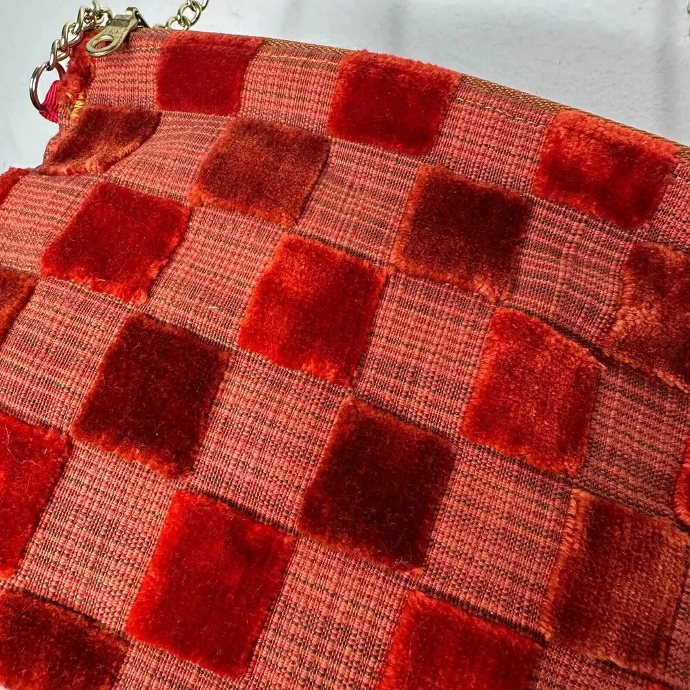 Rust Orange Velvet Checked Gold Chain Strap Zipper Top Slim Mini Purse